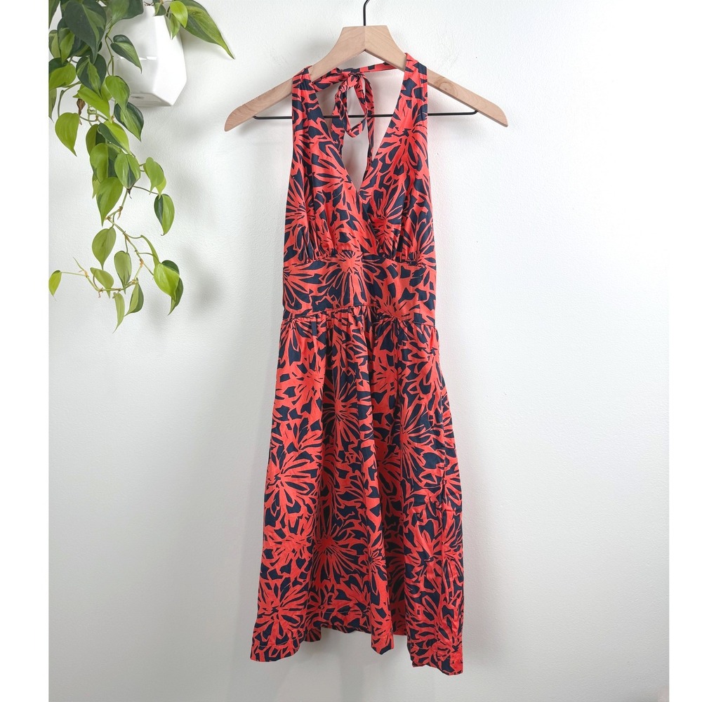 Modcloth Unfaltering Halter Dress Coral Navy Blue Floral Palm Cotton 0 Retro